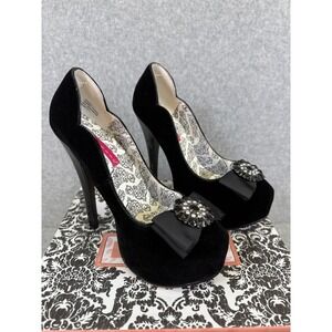 Bordello Teeze-11 Black Velvet Rhinestone Bow Platform Stiletto Heels 6M